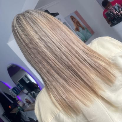 After — bright blonde highlights blended seamlessly